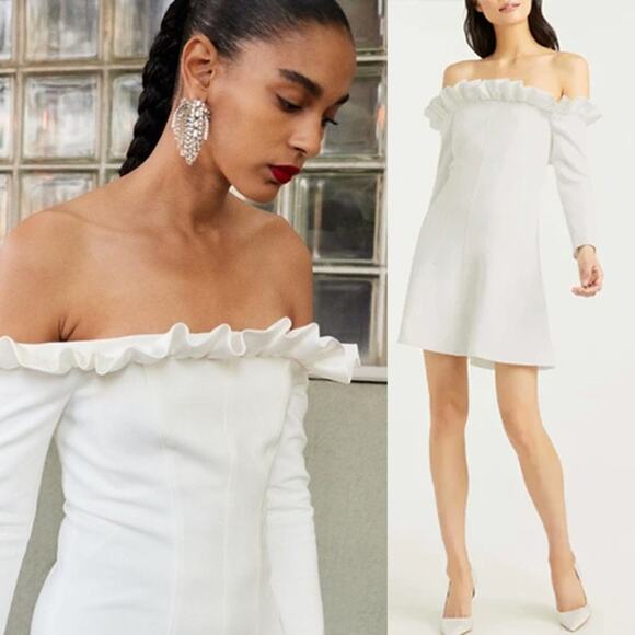 NWT Cinq A Sept Tamra Off Shoulder Ruffle Neck Long Sleeve Ivory Mini Dress - Picture 8 of 8